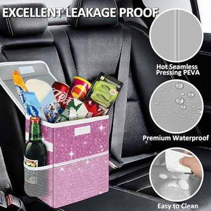 Cute Mini Car Trash Bag with Lid, Glitter Garbage Can Bin Hanging for Back/Front Seat/Console, Waterproof, Leakproof, 2.5 Gallon, Purple Bling Sparkly - color: Purple Bling Sparkly