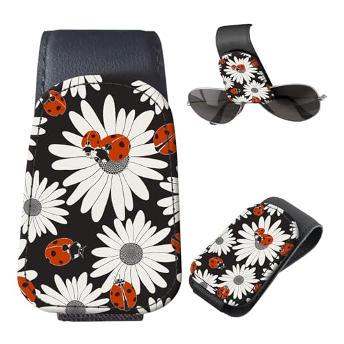 Sunglasses Holder for Car Visor, PU Leather Glasses Clip Organizer, Cute Magnetic Eyeglass Holder for Vehicle Sun Visor, Car Interior Accessory for Women & Men Chamomile Ladybug - color: Chamomile Ladybug