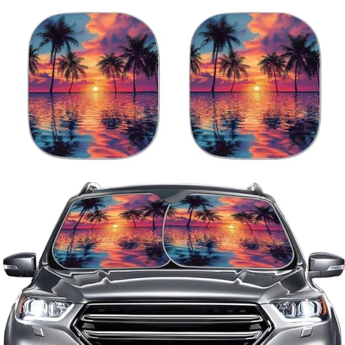 Windshield Sunshade Foldable Car Front Window Sun Shade Sun Visor 2 Packs Reflect Sunlight, Universal Fit Most Cars SUV Truck Van Sedan, Palm Tree - color: Beach Palm Tree Printed