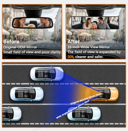 Rear View Mirror, Chrome Anti-glare Panoramic Rear Mirrors Universal 16 Inch Convex Interior Clip on Extra Big Wide Angle Rearview Mirror Extender to Reduce Blind Spot for Pickup Truck Van - size: 16 Inch