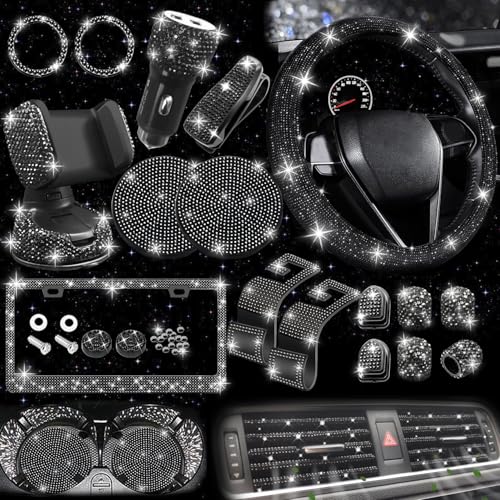 NBTEPEM 27 PCs Black Bling Car Accessories Set for Women, Steering Wheel Covers Universal Fit 15 Inch, Bling License Plate Frame, Bling Phone Holder, Bling Car Coasters (Black Diamond) - color: Black Diamond