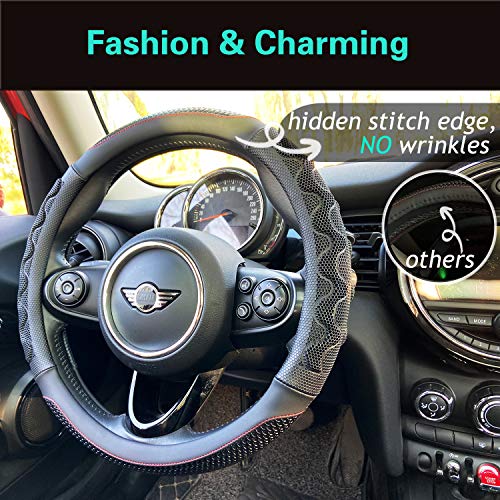 PINCTROT Large Size Steering Wheel Cover Great Grip with 3D Honeycomb Anti-Slip Design, 15.5-15.75 Inch (Black/Red Stitch) - color: 2.Black (Red Trim), size: Large Size[15 1/2''-15 3/4'']