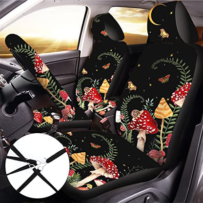 Riakrum 17 Pcs Mushroom Car Seat Covers Car Accessories Full Set for Women Men Automotive Rear Front Seat Protector View Mirror Hanging Ornament Steer Wheel Belt Cover(Forest Mushroom) - style: Forest Mushroom