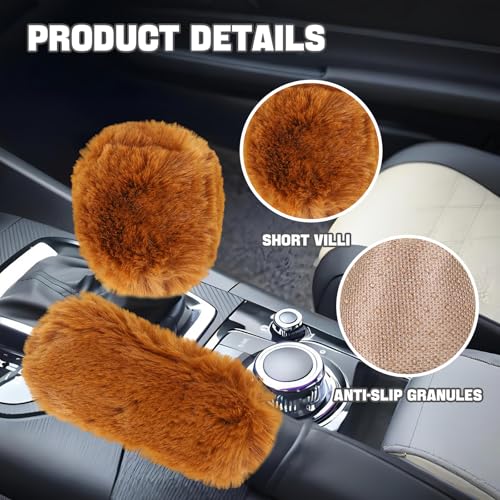 Hovom 2PCS Fluffy Car Gear Shift Knob Cover & Handbrake Cover, Soft Plush Hand Brake Handle & Gear Shift Cover for Women Girls, Universal Comfortable Warm Furry Car Accessories (Camel) - color: Camel