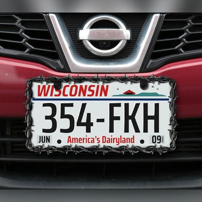 MorningRo 2 Pcs Universal License Plate Frame Plastic Barbed Wire Coconut Design Frame Compatible with Standard License Plate for USA 2 Holes with Screws for Women Men (Black) - color: Black