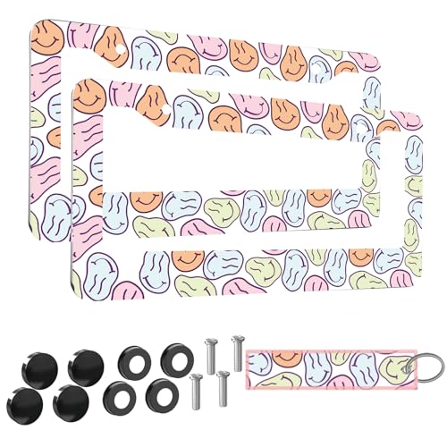 2pcs Funky Smiley face License Plate Frame for Women,Inspirational Happy face car Decorative tag Frames Girly,Vintage Smiley face License Plate Cover Holder for Vehicle with car Keychain tag - color: for smiley face
