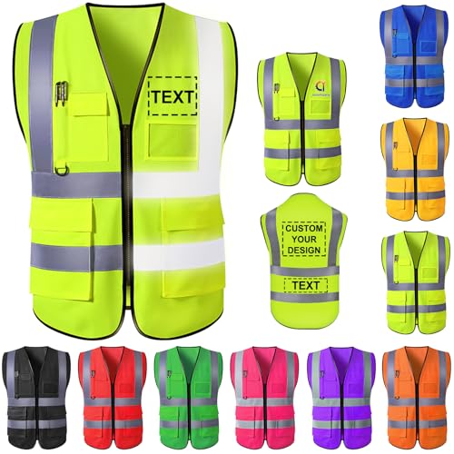 Custom Safety Vest for Men High Visibility Protective Workwear 5 Pockets Class 2 With Reflective Strip - color: Fluorescent Green, size: Small