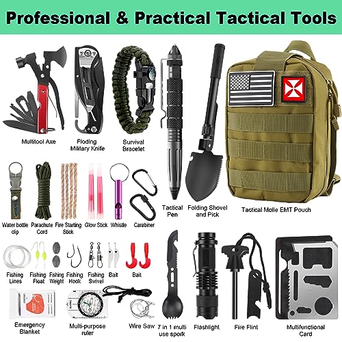 Survival Kit 256 in 1, First Aid Kit Survival Gear Tools Trauma Kit with Molle Pouch for Outdoor, Camping, Hunting, Hiking, Earthquake, Home, Office, Gifts for Men Dad Husband Women - color: Green