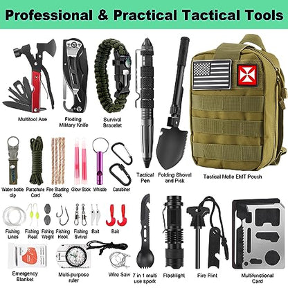 Survival Kit 256 in 1, First Aid Kit Survival Gear Tools Trauma Kit with Molle Pouch for Outdoor, Camping, Hunting, Hiking, Earthquake, Home, Office, Gifts for Men Dad Husband Women - color: Green