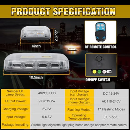 Wireless Rechargeable LED Rooftop Beacon Strobe Lights,48LED 17 Flashing Modes,Hi/Lo Brightness,Amber White Emergency Hazard Warning Light with Home/Car Charger for Trucks Vehicles-1 Pack
