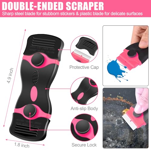 NECAMOCU 4 Pack Razor Blade Scraper, Premium Cleaning Scraper Tool with 50 PCS Metal & Plastic Razor Blades, Multi-Purpose Glass Scraper for Windows, Sticker, Decals, Cooktop, Paint Removal (Pink) - color: Pink