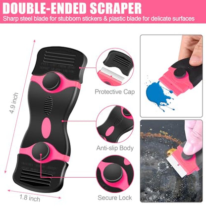 NECAMOCU 4 Pack Razor Blade Scraper, Premium Cleaning Scraper Tool with 50 PCS Metal & Plastic Razor Blades, Multi-Purpose Glass Scraper for Windows, Sticker, Decals, Cooktop, Paint Removal (Pink) - color: Pink