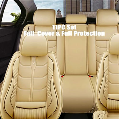 Amooca Car Seat Covers Full Set Automotive Seat Protection Fit for Most Cars SUVs Front & Back Seats Waterproof Nappa Leather Car Seat Cushion Protector Beige - color: Beige