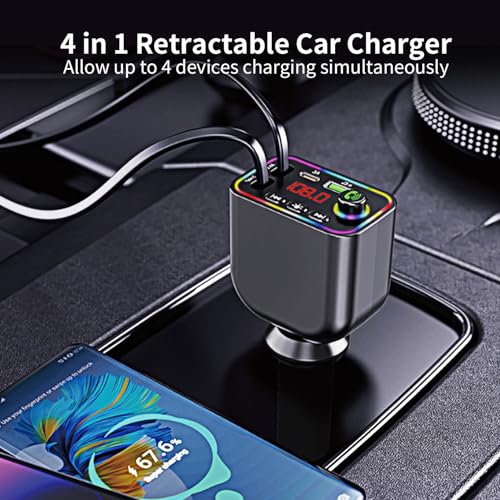 Vitog Retractable Car Charger, Wireless Bluetooth 5.3 FM Transmitter 100W USB C 4 in 1 Fast Car Charger Adapter,iPhone 16 Fast Charging-for iPhone 16 15 14 13 12 Android