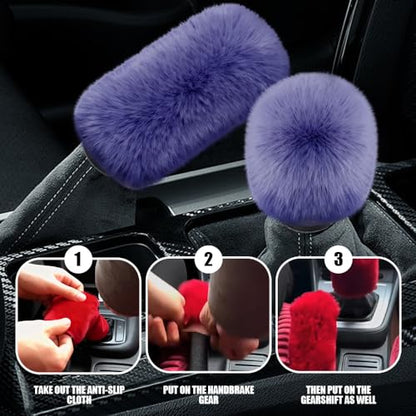 2PCS Plush Car Gear Shift Knob Cover & Handbrake Cover, Shift Knob Protector, Soft Fluffy Gear Handbrake Protective Sleeves, Shifter Lever Brake Handle Warm Plush Set for Cars (Dark Blue) - color: Dark Blue