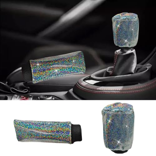 2PCS Car Hand Brake Cover and Gear Shift Knob Cover, Bling Crystal Dustproof Handbrake & Shifter Lever Protector Set, Universal Automatic Manual Car Decoration Accessories for Women(Silver) - color: Silver