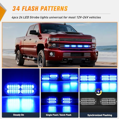 Nilight 4PCS 24LED Emergency Strobe lights 12V 24V Blue Surface Mount Grille Hazard Safety Warning Light Sync Feature Side Flashing Marker Flash for Car Truck Campers - color: Blue