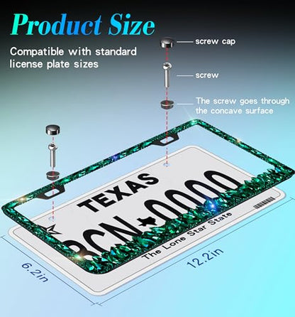 Rhinestone License Plate Frames 2 Pack Sparkly Glitter Bedazzled License Plate Frame Bling License Plate Holder Cover - High End Gift Box Packaging Bling Car Accessories for Women - color: CPJ-03-green-2