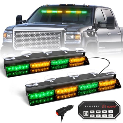 HLauto 604N Emergency Dash Strobe Lights: 2x16.8 inch Green Amber Security Light w/Take Down, 48 LED Safety Flashing Warning Hazard Interior Windshield Light Bar for Trucks Vehicles - color: #03 Amber / Green