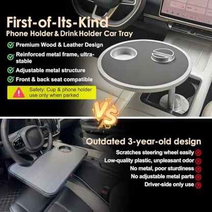 Car Food Tray & Car Table Tray with Car-Grade Aluminum Cup Holder & Phone Stand,360° Rotating Car Desk for Laptop & Eating, Compatible with Tesla Model Y/3/S, Best Fit Round Cup Holder (2.28" - 3.66") - color: 𝗥𝗼𝘂𝗻𝗱 · Black