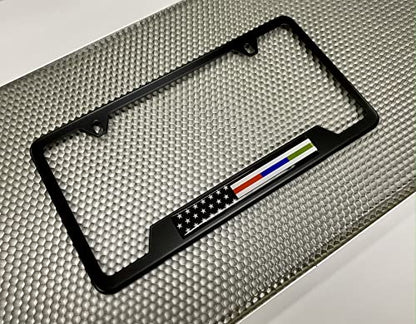 Black Stainless Steel CAR 2-Hole Standard Size - License Plate Frame with First Responders - Law Enforcement, Military and Fire Thin Line USA Flag Design and Free caps - (Qty:1 Frame) - size: Police, Military and Fire