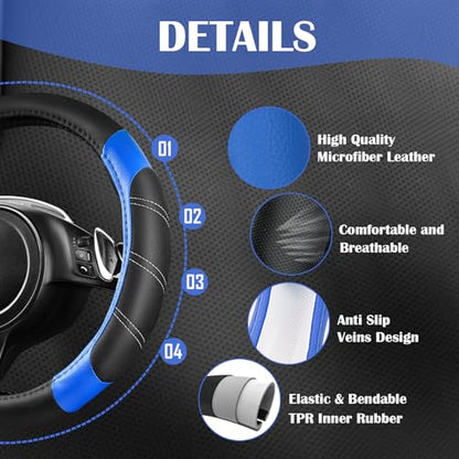 CAR PASS Air Mesh Leather Car Seat Covers Full Set, Waterproof Car Floor Mats, Sporty Steering Wheel Cover 14.5-15in, Universal Fits for 95% Cars Truck SUV (Black and Blue) - color: Blue