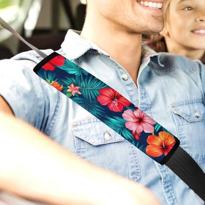 Men's Comfortable Cushion Pad Car Shoulder Strap, Hawaiian Colorful Hibiscus Flowers Tropical Palm Tree Leaves Harness Pad Car Belt Covers - color: Color848