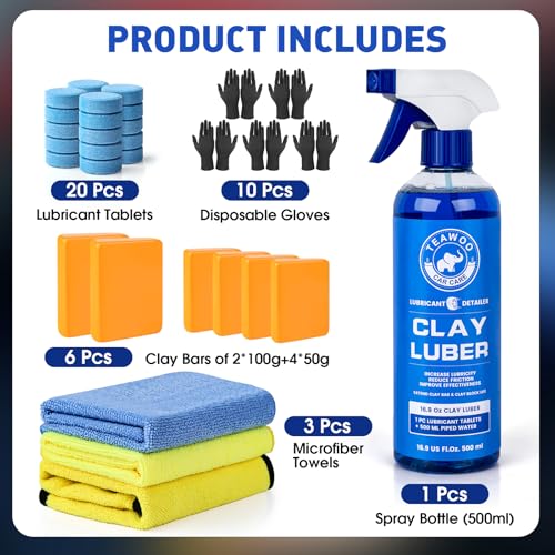 TEAWOO Clay Bars Kit, 6 Clay Bars & 20 PCS Lubricant Tablets, Complete Car Detailing Kit, Spray Bottle, Disposable Gloves and Microfiber Towels for Car Detailing Cleaning - size: 6 count