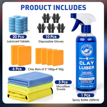TEAWOO Clay Bars Kit, 6 Clay Bars & 20 PCS Lubricant Tablets, Complete Car Detailing Kit, Spray Bottle, Disposable Gloves and Microfiber Towels for Car Detailing Cleaning - size: 6 count