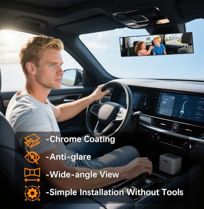 Rear View Mirror, Chrome Anti-glare Panoramic Rear Mirrors Universal 16 Inch Convex Interior Clip on Extra Big Wide Angle Rearview Mirror Extender to Reduce Blind Spot for Pickup Truck Van - size: 16 Inch