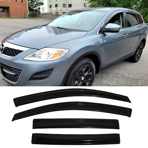 94143 Side Window Visors Wind Vent Deflector,4pcs Outside Mount Tape-On Nice Sun Rain Guards Set fit for 2007-2015 Mazda CX9,Dark Smoke Window Shade - size: 2007-2015 Mazda CX9(Dark Smoke)