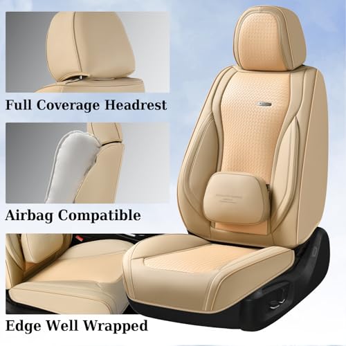 Coverado Seat Covers, Car Seat Covers Front Seats, Waterproof Nappa Leather Auto Seat Cover with Lumbar Head Pillow, Beige Seat Covers Carseat Cover Universal Fit for Most Cars - color: Beige（Pillow）, size: Front