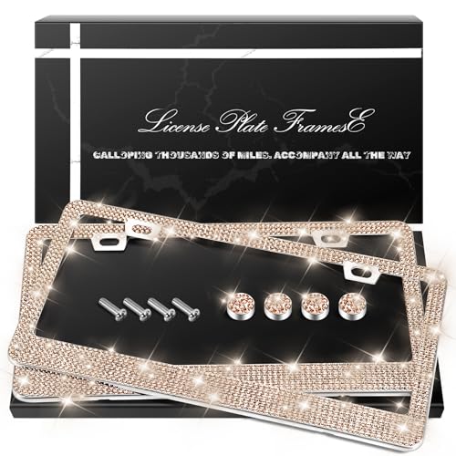 QUANQIUFEI 2 Pack Bling License Plate Frames, Sparkly Rhinestone Diamond Car License Plate Cover for Women, Stainless Steel Car Accessories with Glitter Crystal Caps (Light Peach) - color: Light Peach