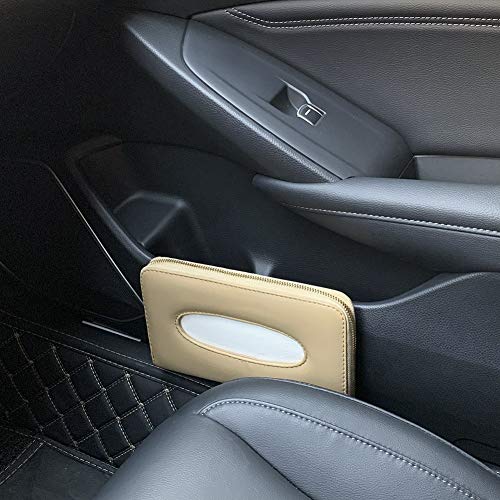 Car Tissue Holder, Sun Visor Napkin Holder, PU Leather Backseat Tissue Case with Zipper (Beige) - color: Beige