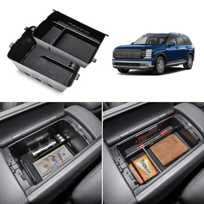 TACOBRO Center Console Organizer Compatible with 2026 Hyundai Palisade Console Tray ABS Plastic Armrest Storage Box with Rubber Pad 2026 Palisade Accessories (Upper and Lower)