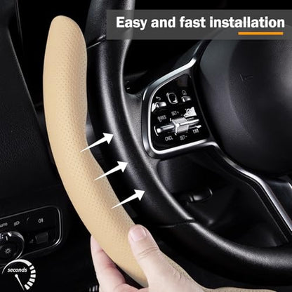 Car Steering Wheel Cover Leather Snap On 3Pcs Set Non-Slip Protector Wrap Steering Wheel Accessories 14.5-15 inch Universal Beige - color: Beige