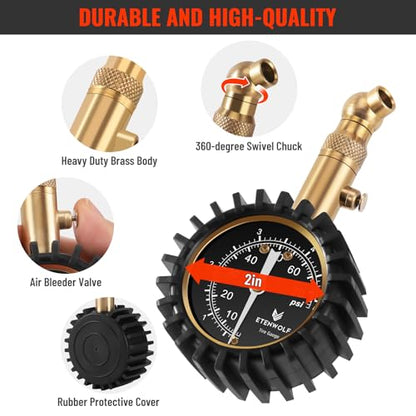ETENWOLF Tire Pressure Gauge for Cars 0-75 PSI, Air Pressure Gauge with Large Glow Dial, Calibrated to ANSI B40.1 Grade A(Plus-Minus 1%), Tire Gauge for Tire Pressure Car Accessories (Black) - color: Black