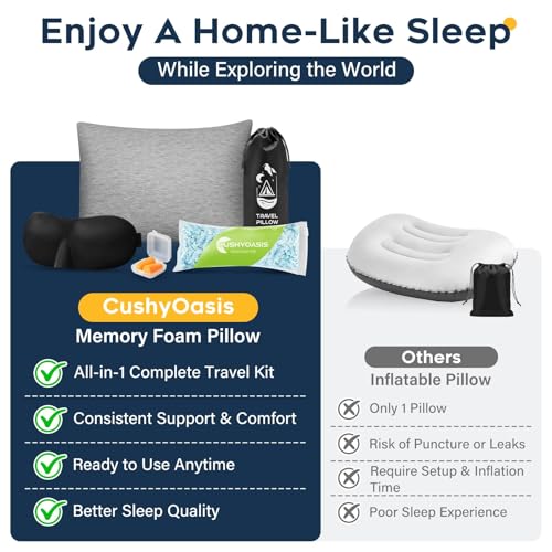 CushyOasis All-in-1 Camping Pillow Set - Shredded Memory Foam Neck Pillow Travel Pillow with Eye Mask, Earplugs, Washable Cover, Compact for Backpacking, Camping, Flights, Car Travel (Small Size) - size: Small