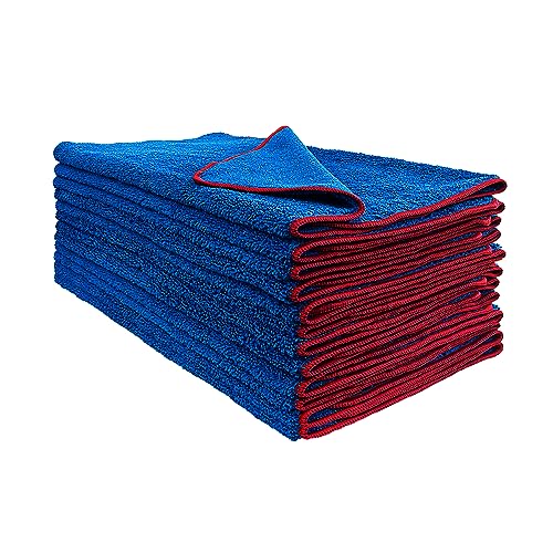 Detailer's Preference Dual Pile 400 GSM Microfiber Towels with Red Trim, All-Purpose Terry Weave Cleaning Cloths for Auto, Home, Boat, Scratch-Free & Reusable, 16x24 Inches, 12-Pack - color: Blue With Red Trim
