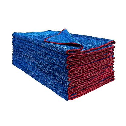 Detailer's Preference Dual Pile 400 GSM Microfiber Towels with Red Trim, All-Purpose Terry Weave Cleaning Cloths for Auto, Home, Boat, Scratch-Free & Reusable, 16x24 Inches, 12-Pack - color: Blue With Red Trim