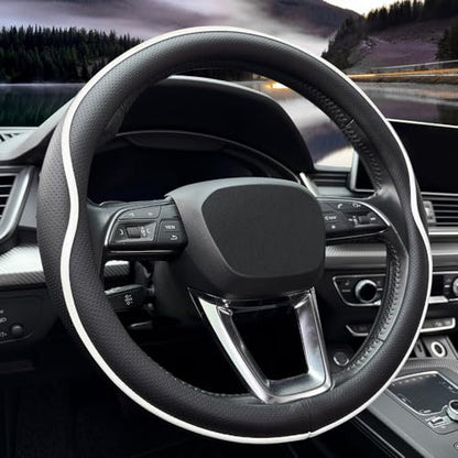 HAOTULE Leather Steering Wheel Cover， with Anti-Slip Stripe Design - Enhanced Grip, Fashion Style, Safe, Non-Slip, Breathable. Upgrade car Interior，Black White - color: Black White