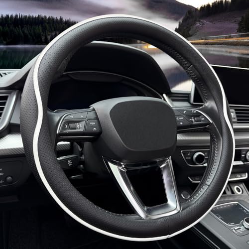 HAOTULE Leather Steering Wheel Cover， with Anti-Slip Stripe Design - Enhanced Grip, Fashion Style, Safe, Non-Slip, Breathable. Upgrade car Interior，Black White - color: Black White