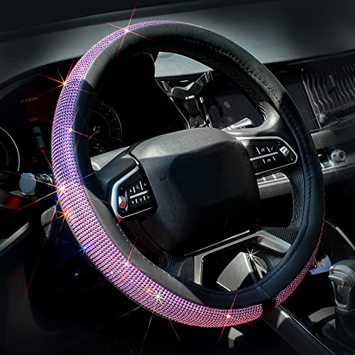 ChuLian New Diamond Leather Steering Wheel Cover with Bling Bling Crystal Rhinestones, Universal Fit 15 Inch Car Wheel Protector for Women Girls Purple Diamond - color: Purple Diamond, size: Standard Size[14"1/2-15"]