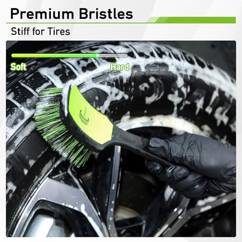 MVEQRRN 2-Pack Car Wheel Tire Detailing Brush Set:Wheel Cleaner Brush with Soft Bristles,Stiff Bristle Cleaning Brush with Rubber Handle for Deep Clean Car Tire Rims, Fenders or Carpet(Black Green) - color: black green