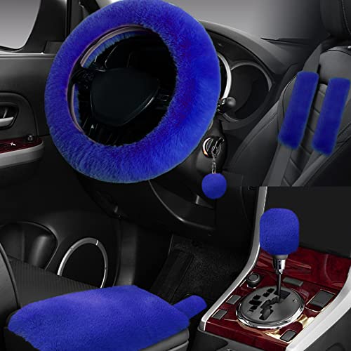 7PCS Set car Interior Aesthetic Accessories, Fluffy 15 inch Steering Wheel Cover, armrest pad, seat Belt Cover,Gear Shift Cover, Fit Girly car Accessories for Women. - color: Blue