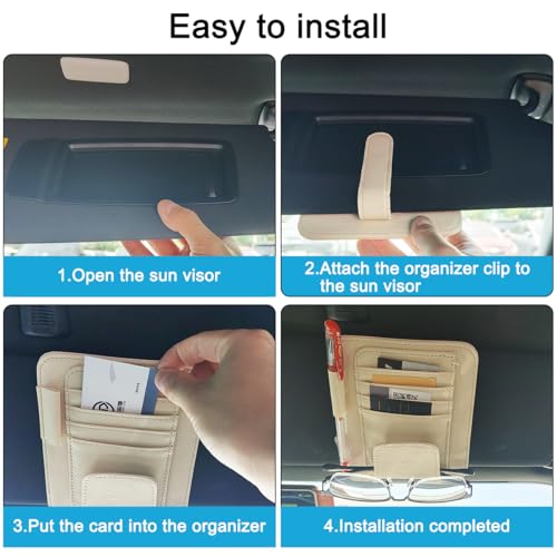 SENHAI Car Sun Visor Organizer for Car, 2 Pcs Small Leather Car Card Sleeve Pocket Organizer, Car Visor Organizer Storage Pouch for Hold Card, Sunglass Holder, Pen (Beige & Black)