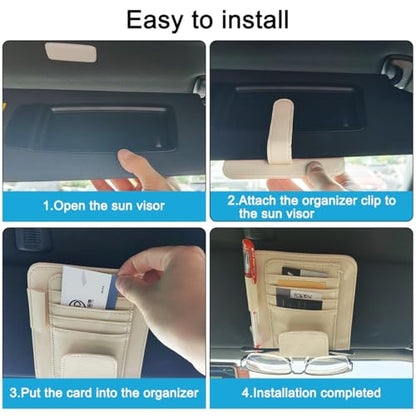 SENHAI Car Sun Visor Organizer for Car, 2 Pcs Small Leather Car Card Sleeve Pocket Organizer, Car Visor Organizer Storage Pouch for Hold Card, Sunglass Holder, Pen (Beige & Black)