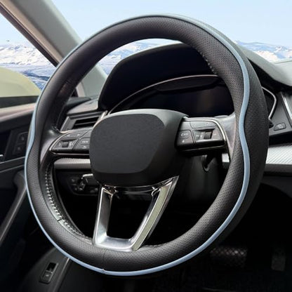 HAOTULE Leather Steering Wheel Cover， with Anti-Slip Stripe Design - Enhanced Grip, Fashion Style, Safe, Non-Slip, Breathable. Upgrade car Interior，Black Blue - color: Black Blue