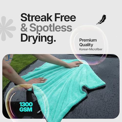 Crystal Clean 1300GSM Microfiber Towels for Cars – XL Drying Towel with Double Twisted Loop, Professional Detailing Towel Car Detailers - Quick Dry, Paint Safe & Swirl-Free (Grey+Green) - color: Grey+green