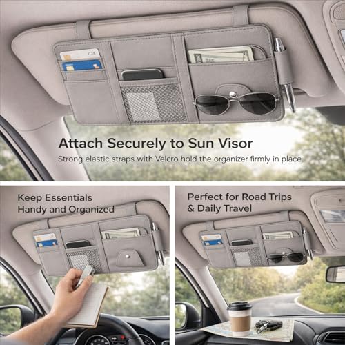 Car Sun Visor Multi-Pocket Organizer — Gray (Universal Car/SUV/Truck Storage Pouch) - color: Gray